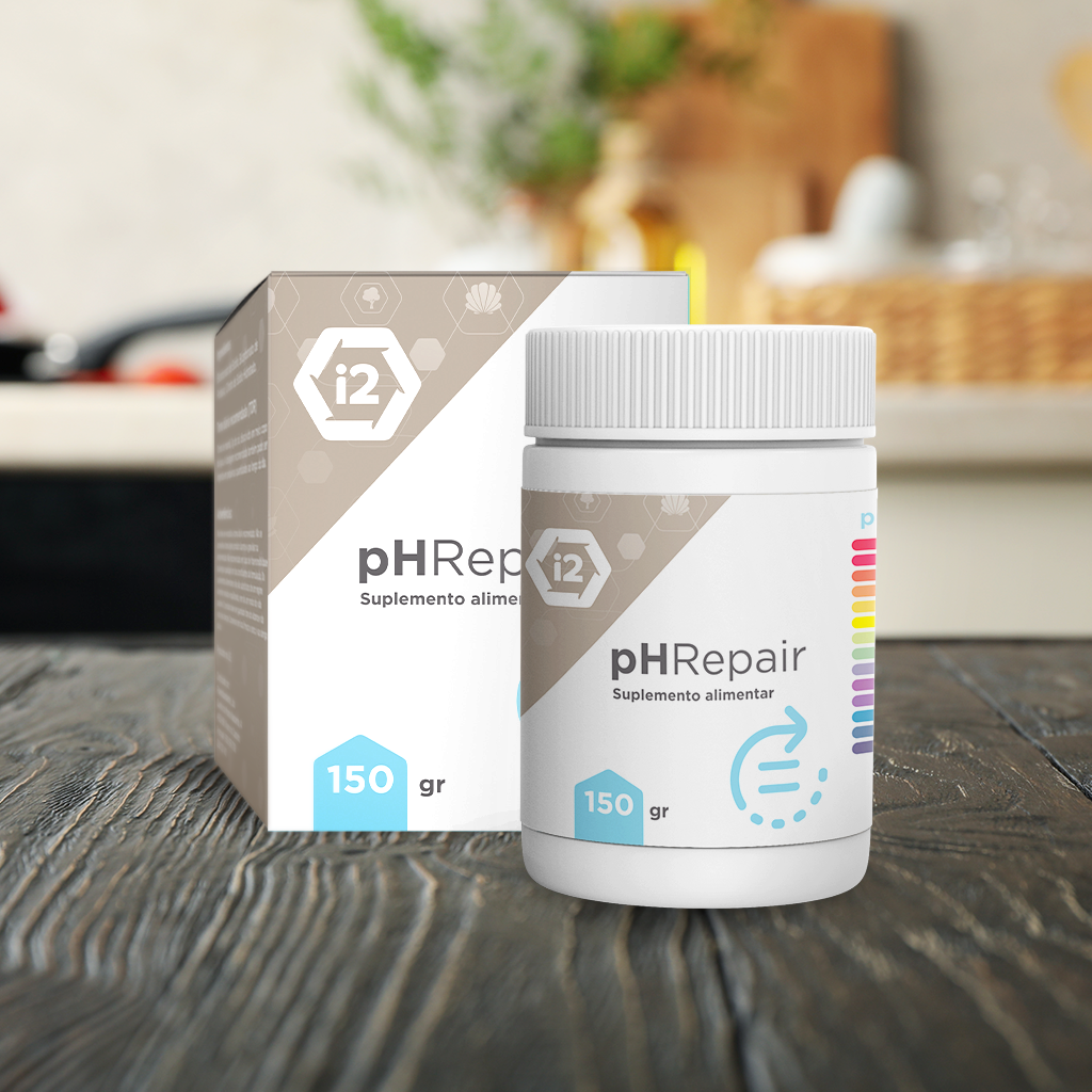 Frasco de PHREPAIR Suplemento alimentar em pó que facilita o processo digestivo e ajudam o organismo a absorver melhor os nutrientes. É um elemento alcalinizante para todo o corpo, de ajuda à desintoxicação.