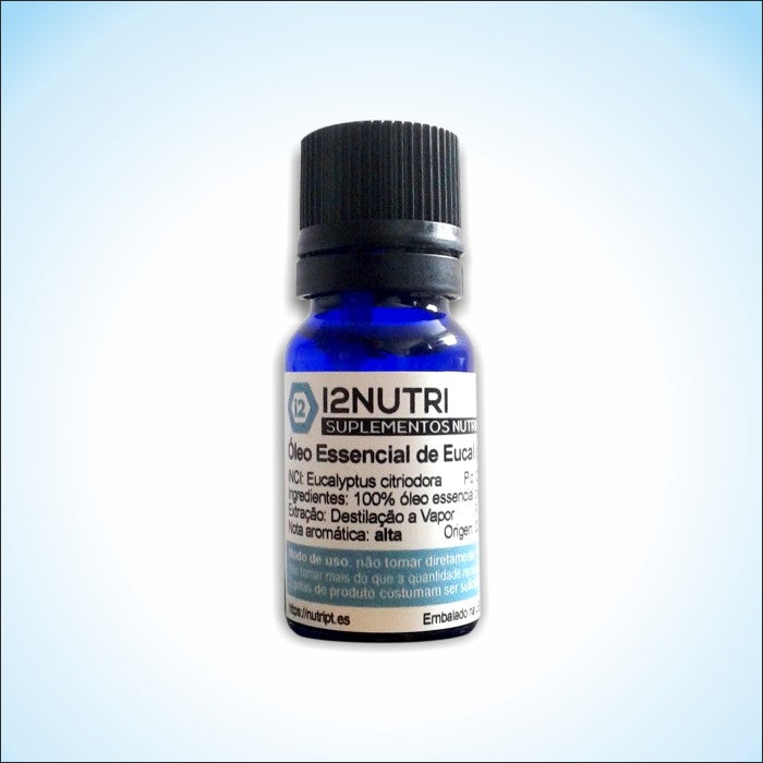 Frasco de óleo essencial de eucalipto citriodora é ideal para promover o auxílio de problemas reumáticos, artrites e dores, sendo eficaz como anti inflamatório, anti-infecioso, calmante e sedativo.