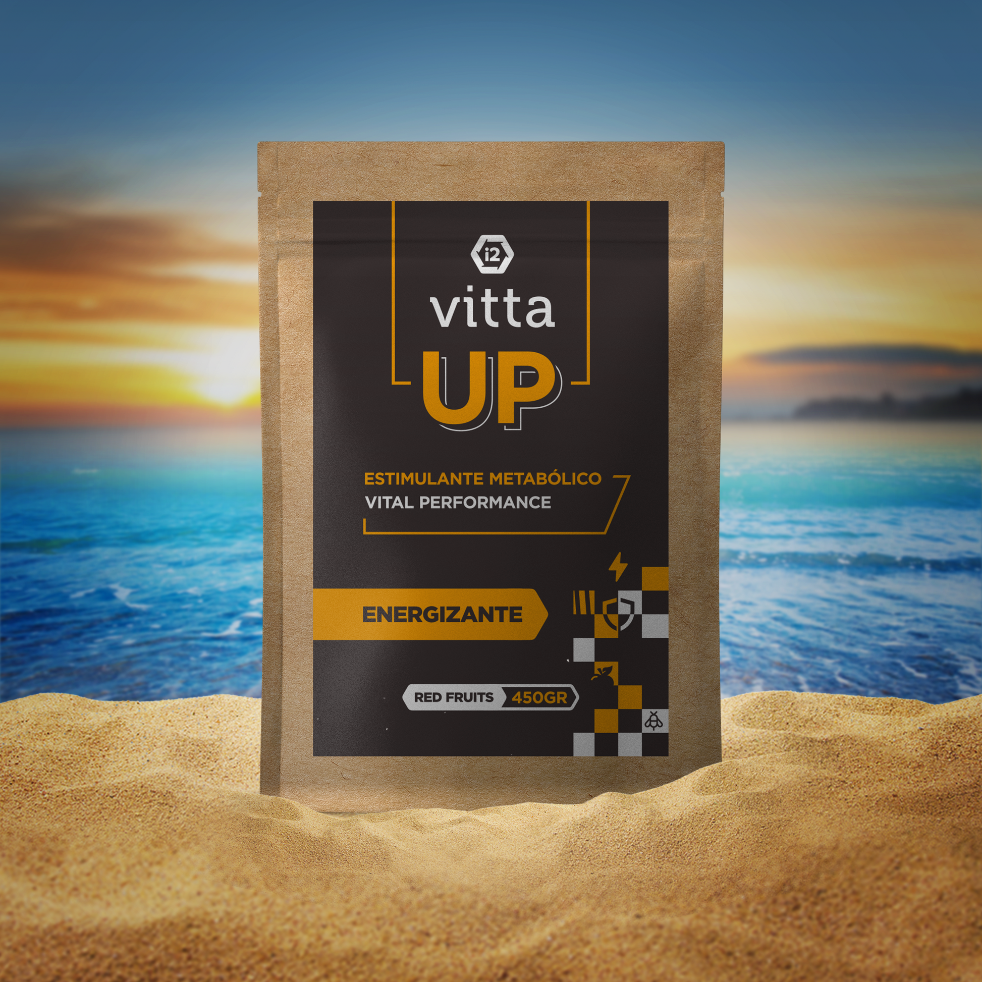 Embalagem de Vitta Up um batido desenvolvido a pensar na falta de energia e força sexual.