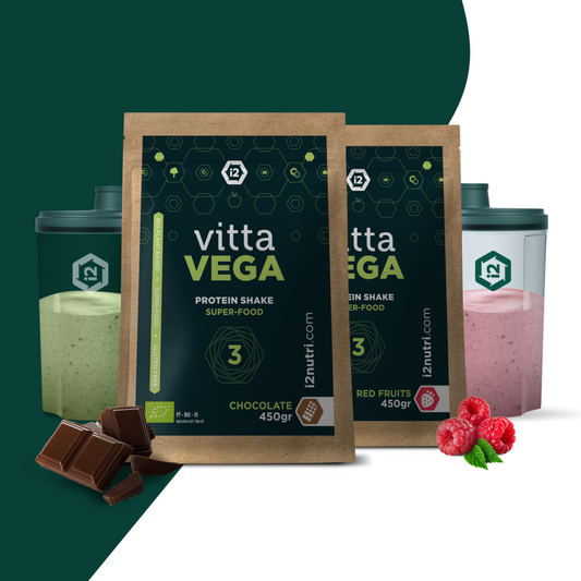 Embalagem de Vitta Vega que é um batido de proteínas premium e 100% vegan,